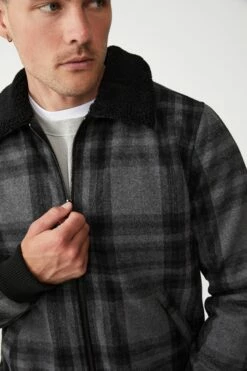 Sherpa Collar Bomber Jacket CHARCOAL MARLE CHECK -Mens Clothing Store 3610300 08 4