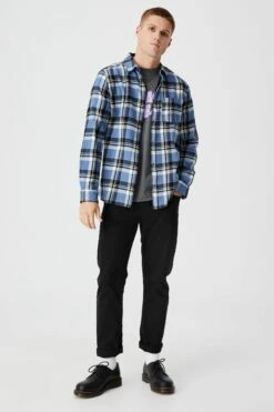 Washed Long Sleeve Check Shirt INDIGO BLACK WHITE CHECK