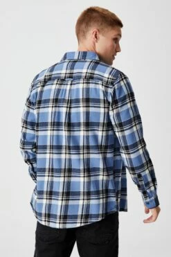 Washed Long Sleeve Check Shirt INDIGO BLACK WHITE CHECK -Mens Clothing Store 3610397 30 3