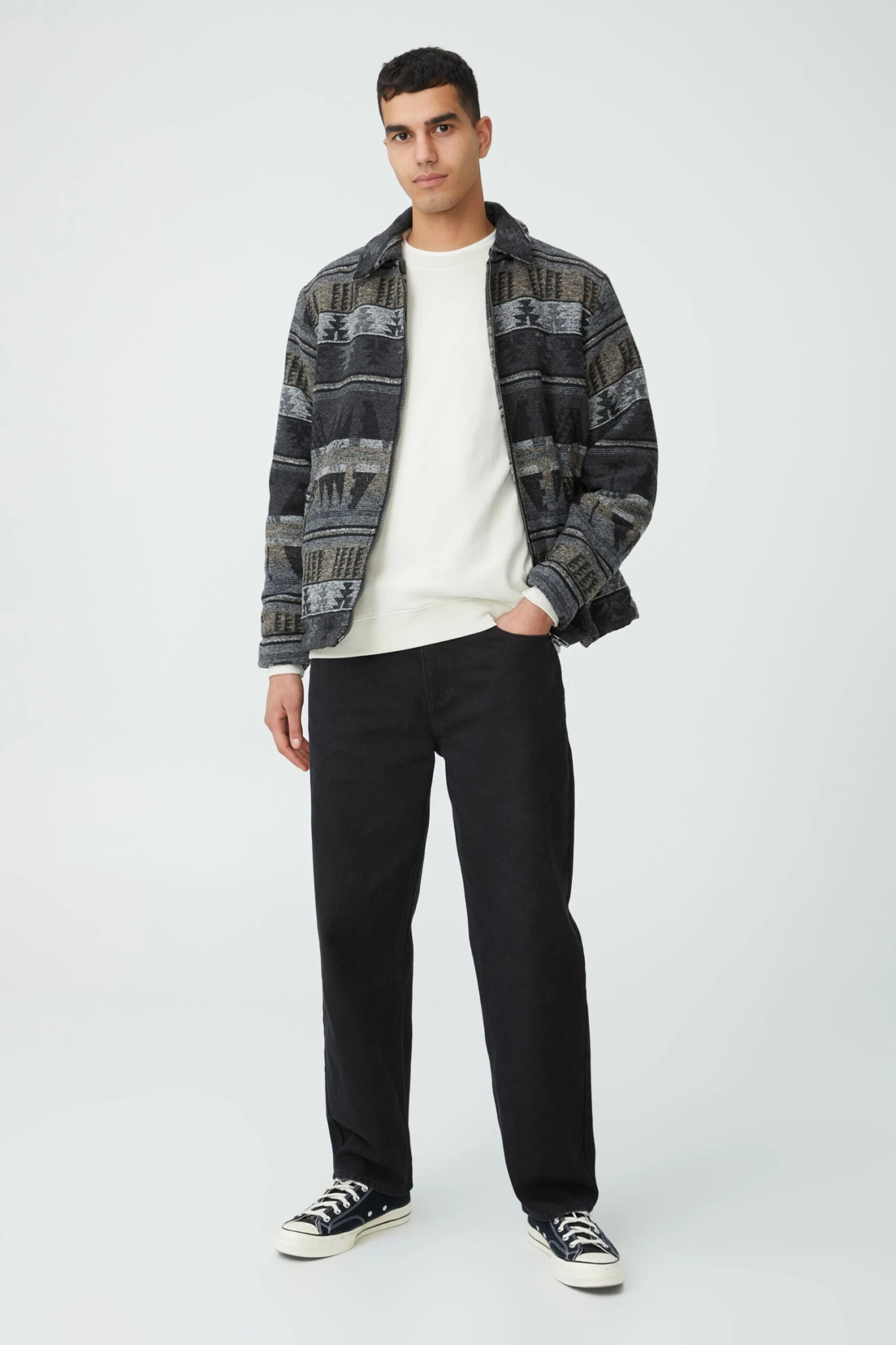 Sherpa Lined Harrington Jacket BLACK VINTAGE PATTERN 3 Sherpa Lined Harrington Jacket BLACK VINTAGE PATTERN - Image 3