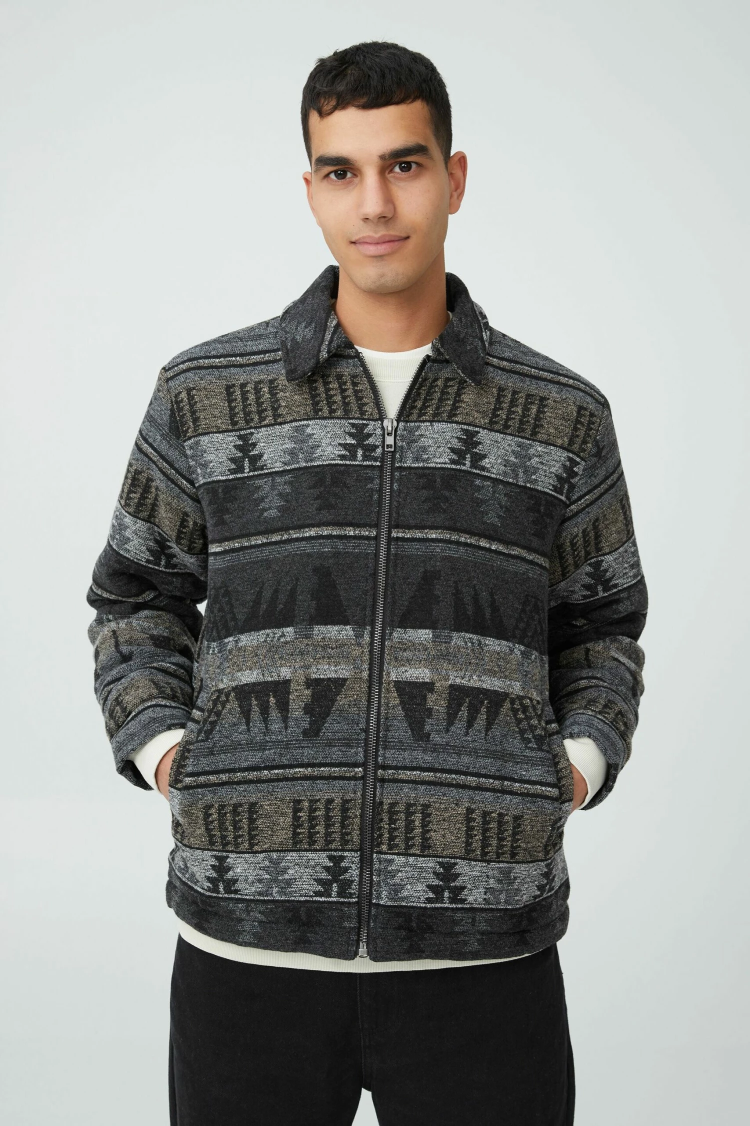 Sherpa Lined Harrington Jacket BLACK VINTAGE PATTERN 1 Sherpa Lined Harrington Jacket BLACK VINTAGE PATTERN