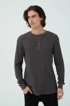 Textured Long Sleeve Tshirt NEPPY GREY MARLE WAFFLE HENLEY -Mens Clothing Store 3611695 01 2 1