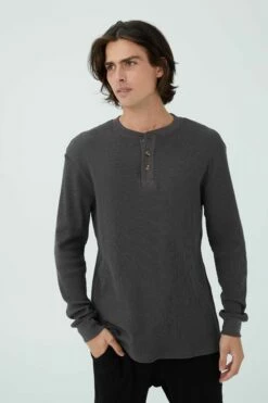 Textured Long Sleeve Tshirt NEPPY GREY MARLE WAFFLE HENLEY -Mens Clothing Store 3611695 01 2