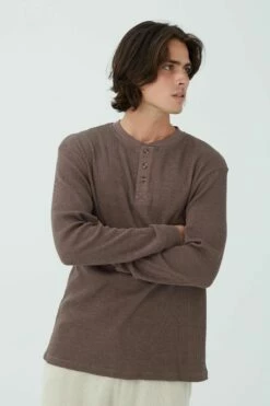 Textured Long Sleeve Tshirt NEPPY GREY MARLE WAFFLE HENLEY